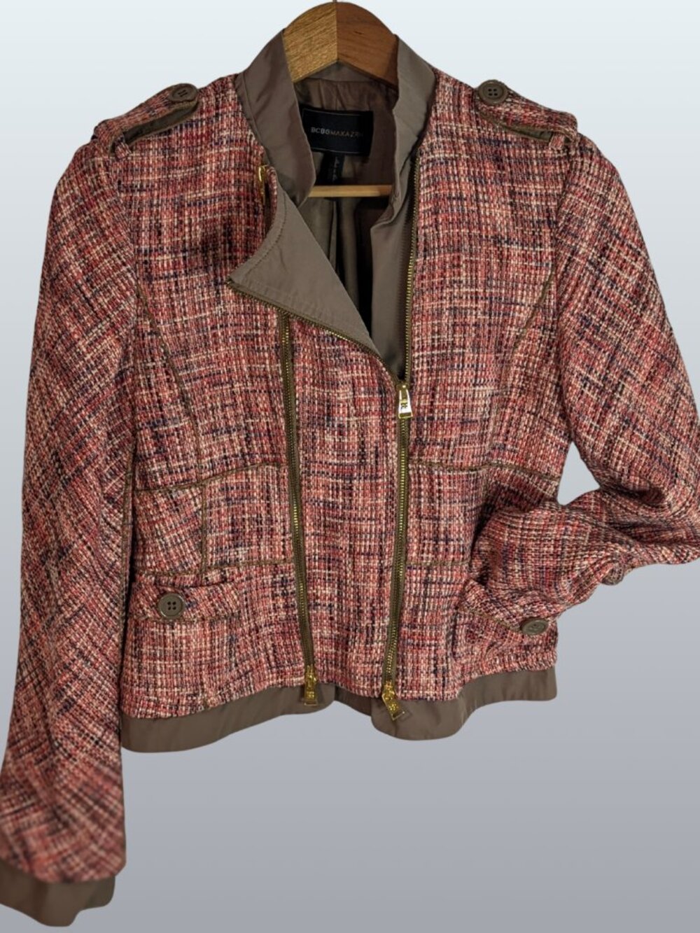 BCBGMAXAZRIA Pink Tweed Moto Jacket S Barbiecore Military Chic Y2K Glam EUC - Picture 3 of 12